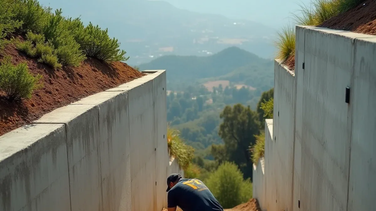 Technician inspecting a hillside retaining wall drain at an Acalanes Ridge home in Lafayette CA
