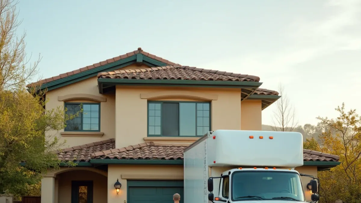Restoration van outside a 2000s master-planned home in Brentwood CA with open farmland beyond