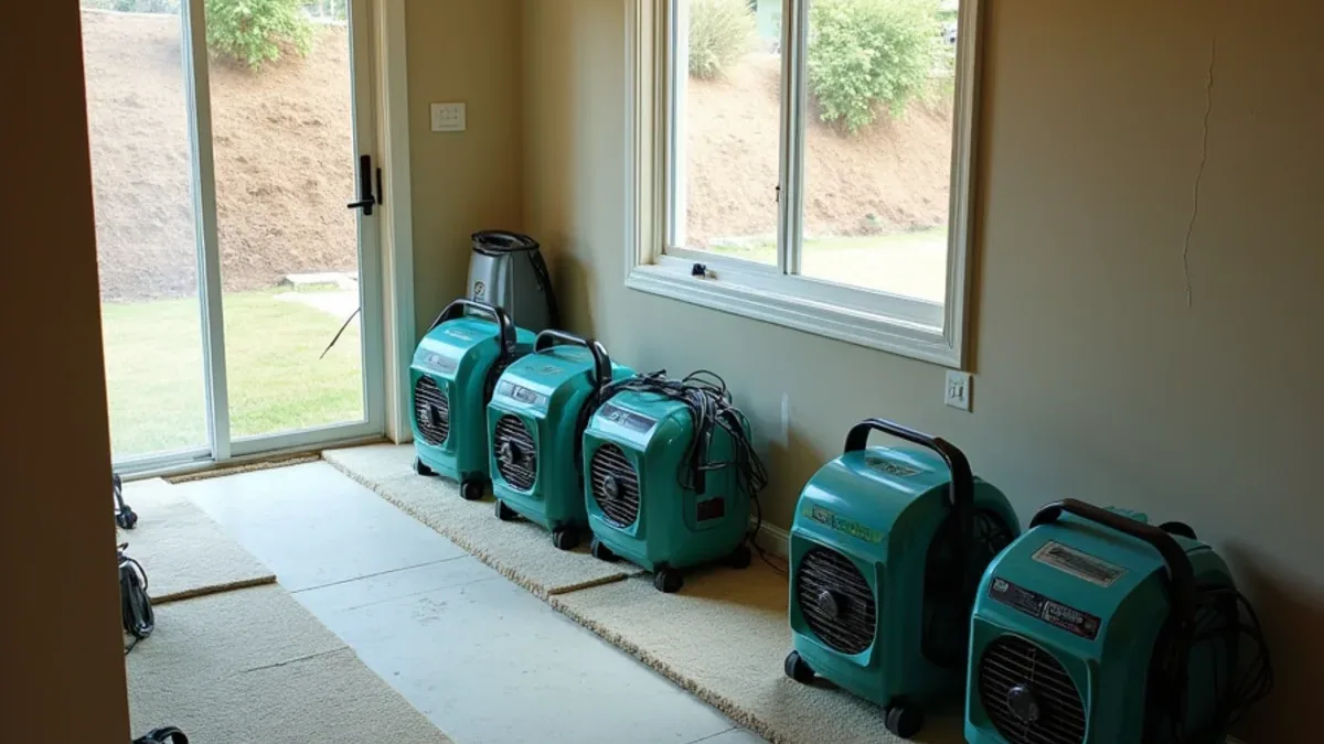 Air movers running in the lower level of a Burton Valley home in Lafayette CA after hillside water intrusion