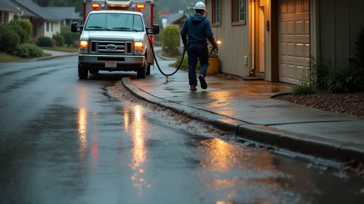 Storm runoff along a foothill street in Clayton CA with a restoration crew pumping a flooded garage