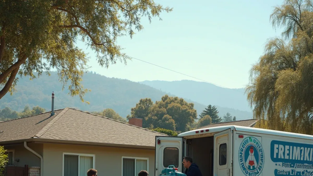 Water damage restoration crew unloading equipment outside a post-war tract home in Concord CA