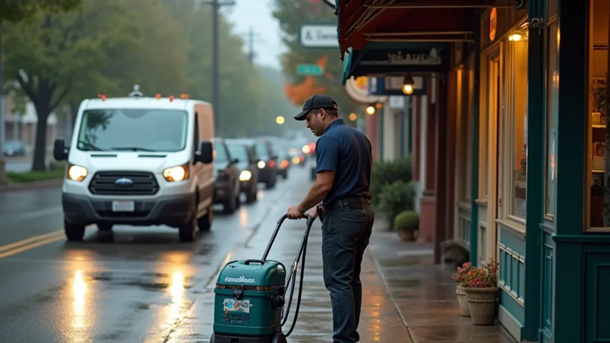 Restoration van parked on Mt Diablo Boulevard in downtown Lafayette CA on a wet morning