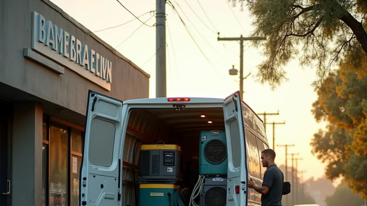 Water Lafayette restoration vehicle and equipment outside the base on Golden Gate Way in Lafayette CA