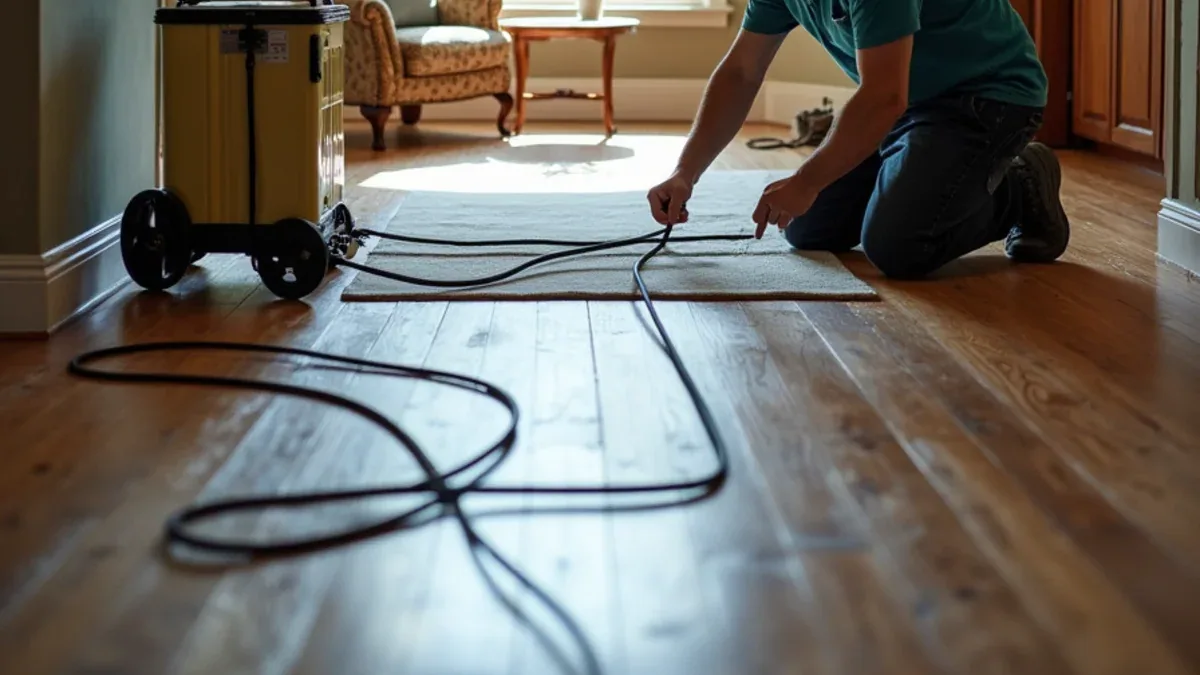 Specialty mat drying system on a wide-plank hardwood floor in a Lower Happy Valley home in Lafayette CA