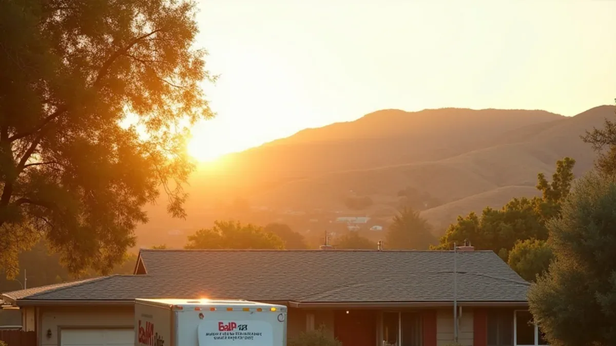 Restoration van parked outside a ranch home on a sloped Moraga CA street with golden hills behind