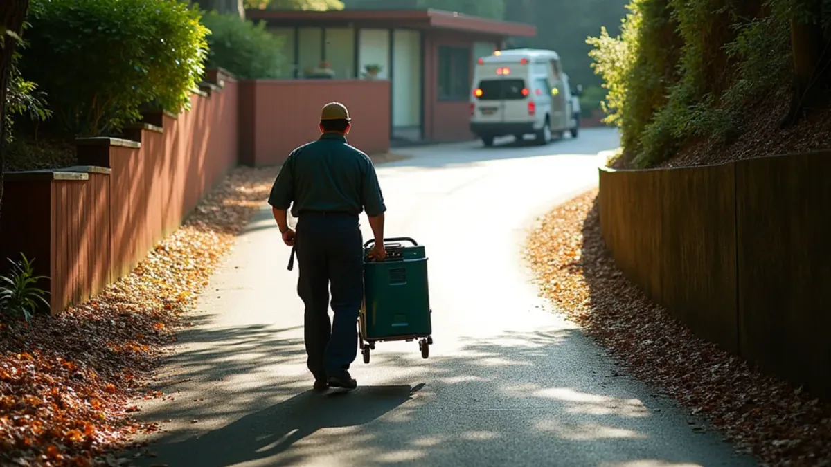 Restoration technician carrying drying equipment up the driveway of a wooded hillside home in Orinda CA