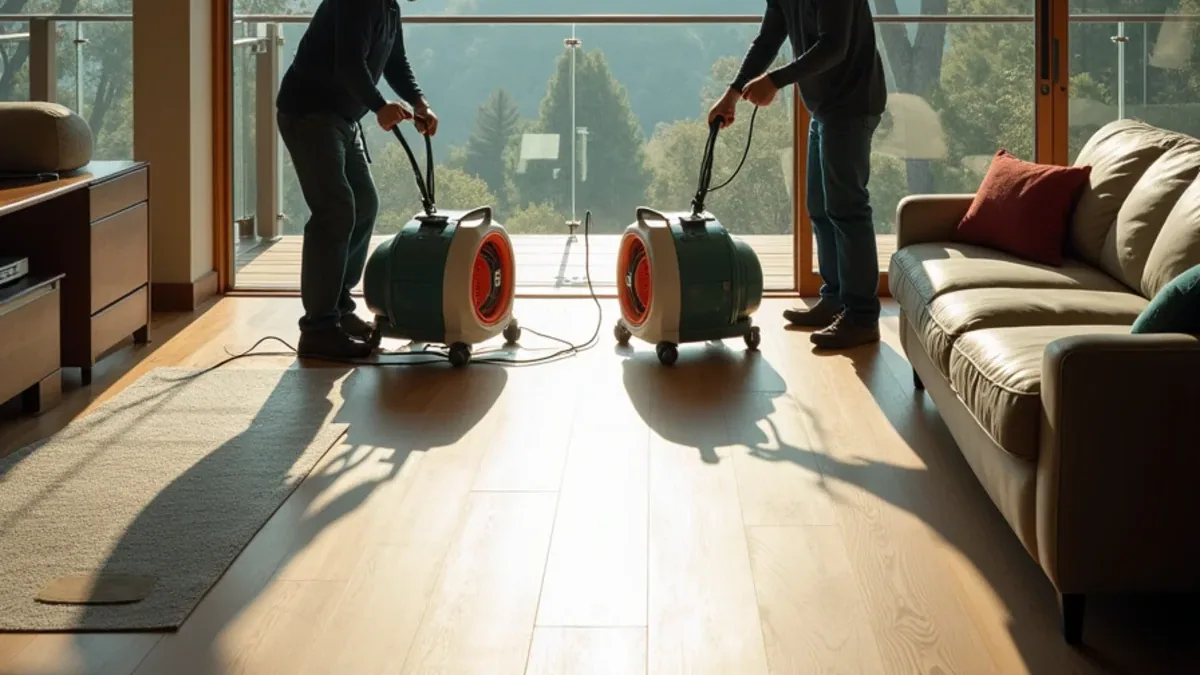 Restoration crew setting up drying equipment in a large hillside home in Orinda Downs CA