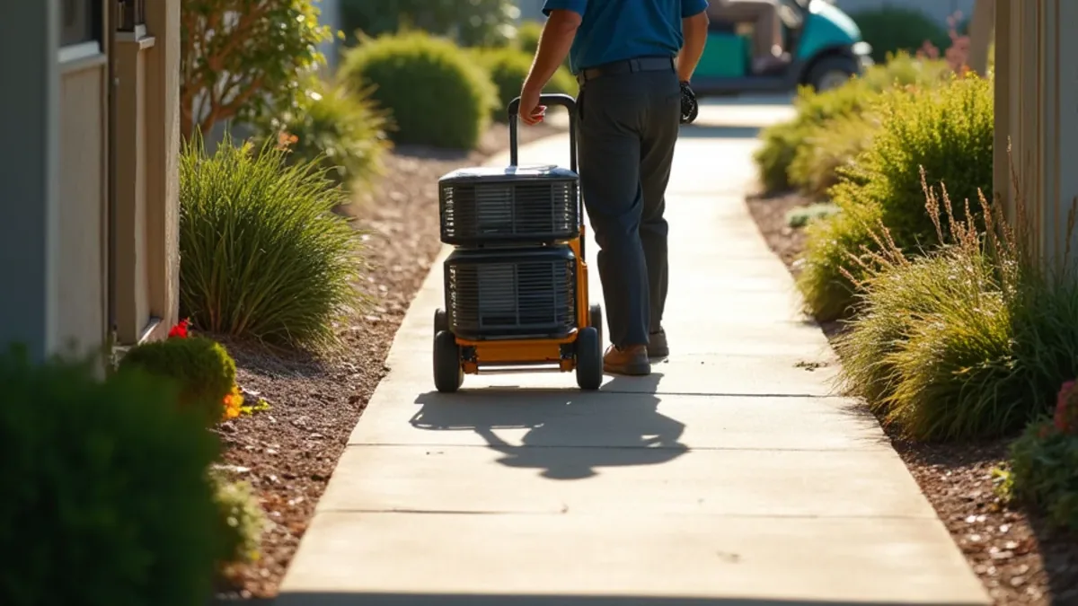 Restoration technician wheeling drying equipment into a single-story manor at Rossmoor in Walnut Creek CA