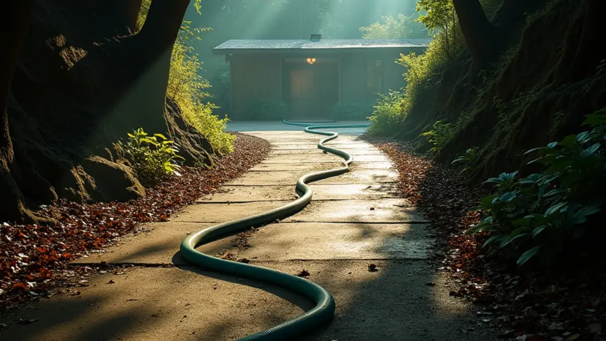 Wooded canyon home in Sleepy Hollow Orinda CA with restoration hoses running down a shaded driveway