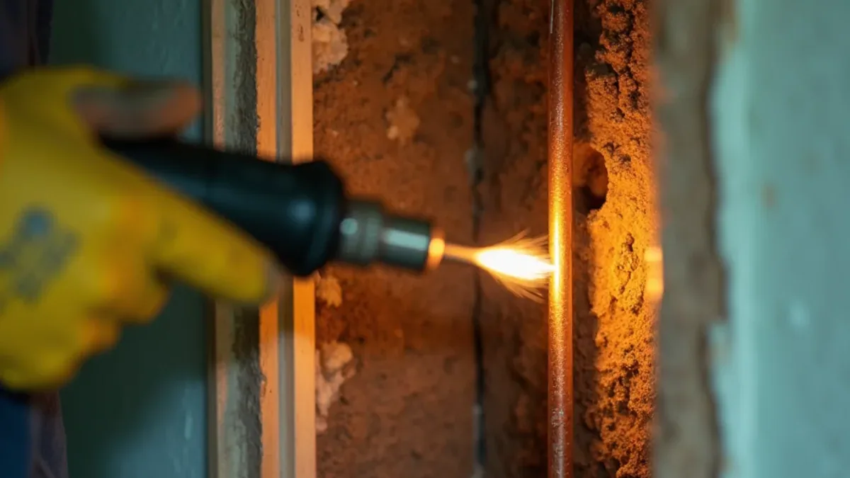 Split copper supply pipe exposed in an opened wall of a 1960s Springhill home in Lafayette CA