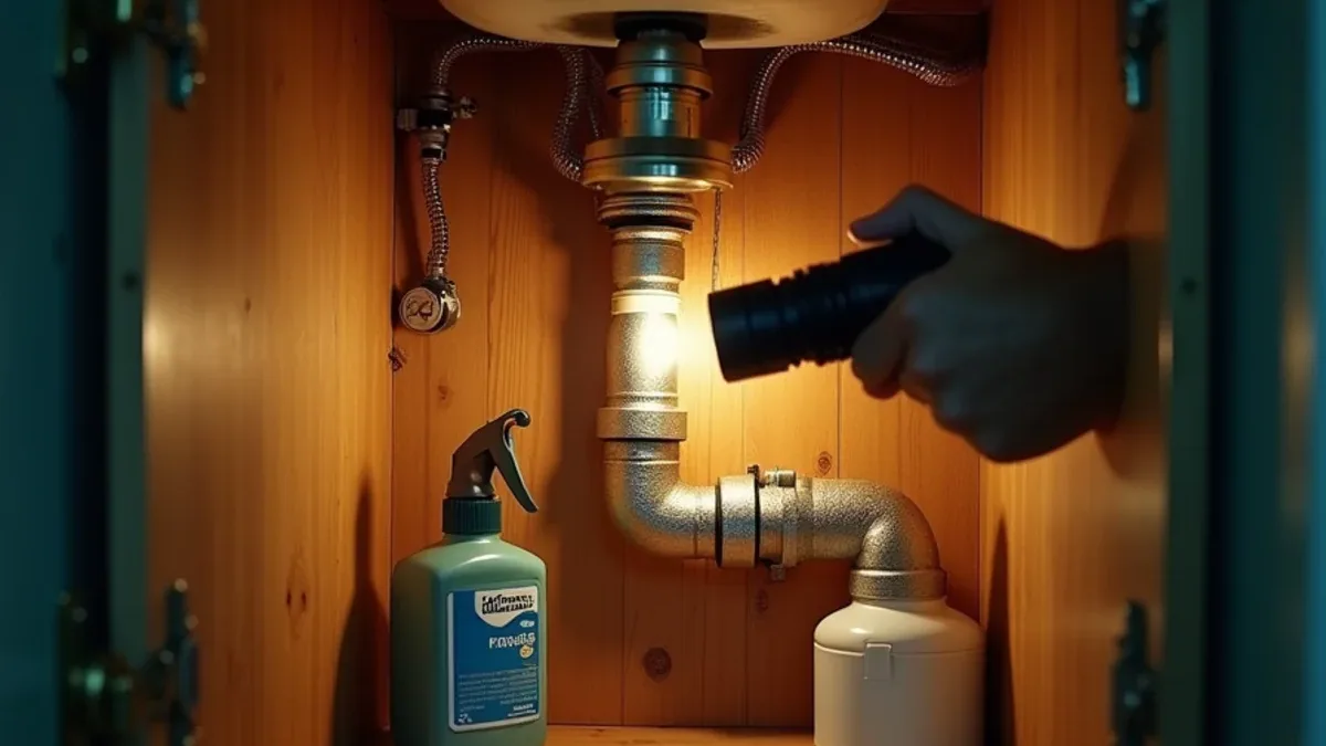 Torch beam checking under a kitchen sink for leaks at supply connections and the cabinet base