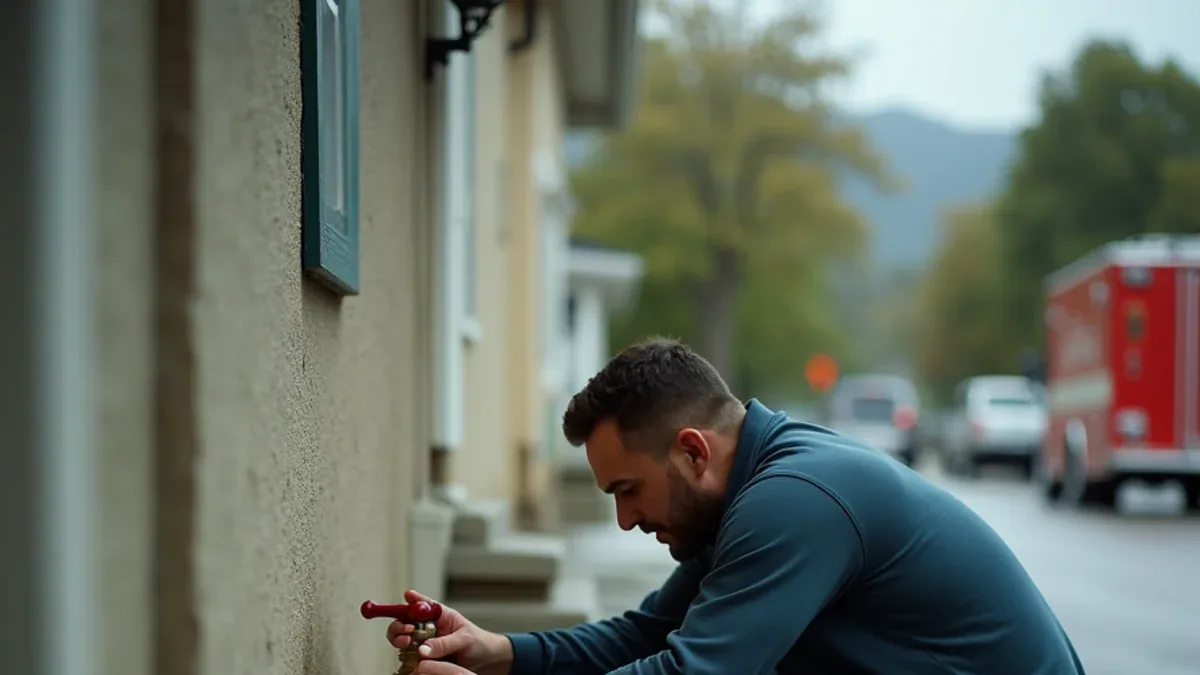 Homeowner turning off a main water shutoff valve after a burst pipe in a Lafayette CA home