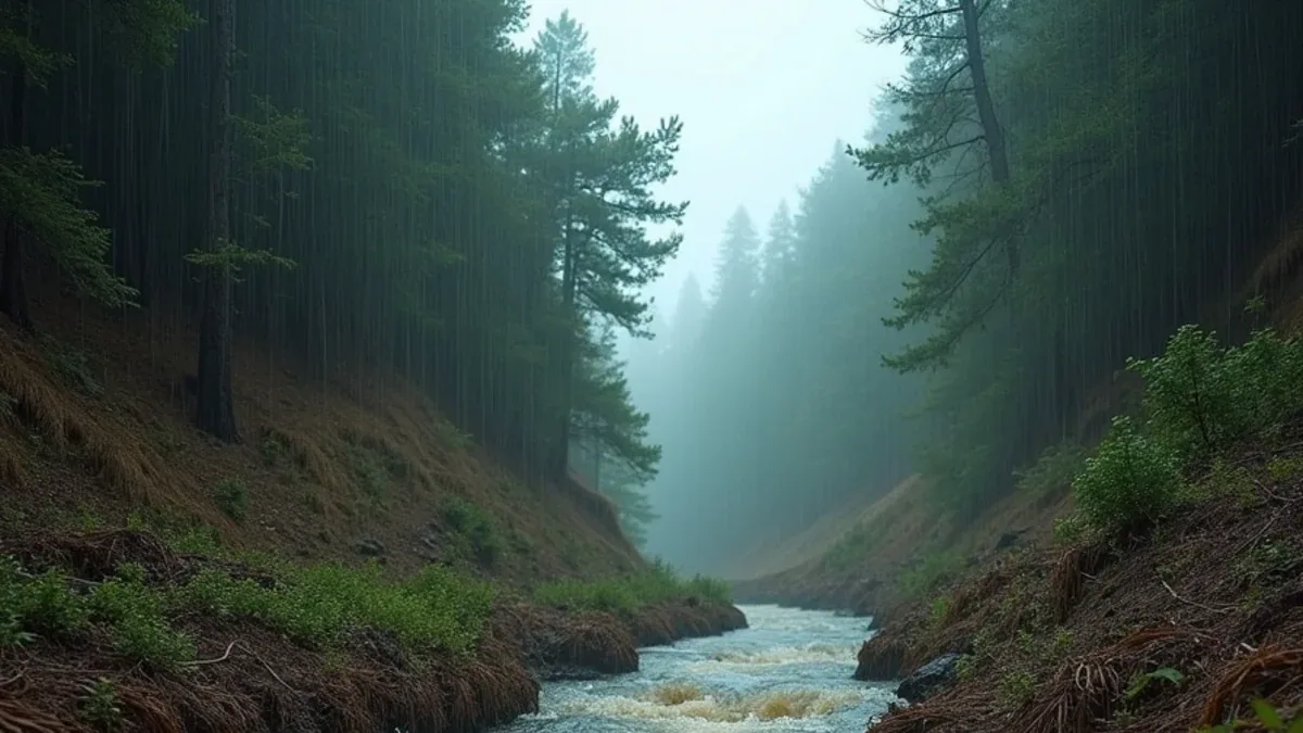 Swollen seasonal creek running fast through a narrow wooded canyon on Canyon Road in Lafayette CA