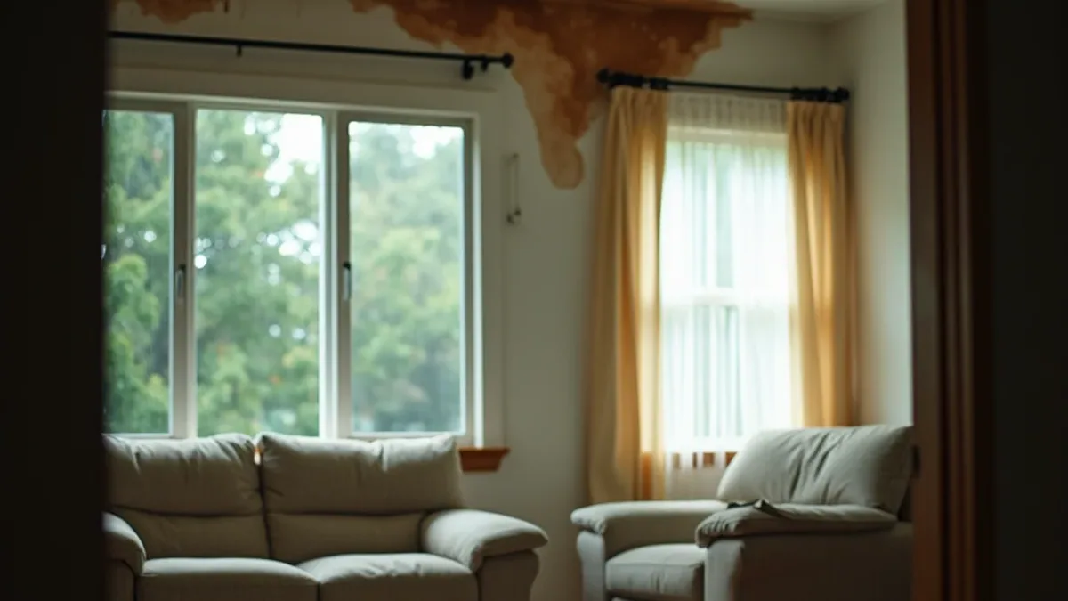 Bucket catching water from a bulging stained ceiling during a storm in a Lafayette CA home