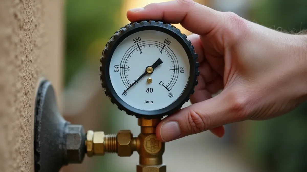 Water pressure gauge attached to an outdoor hose bib showing high static pressure at a Lafayette CA home