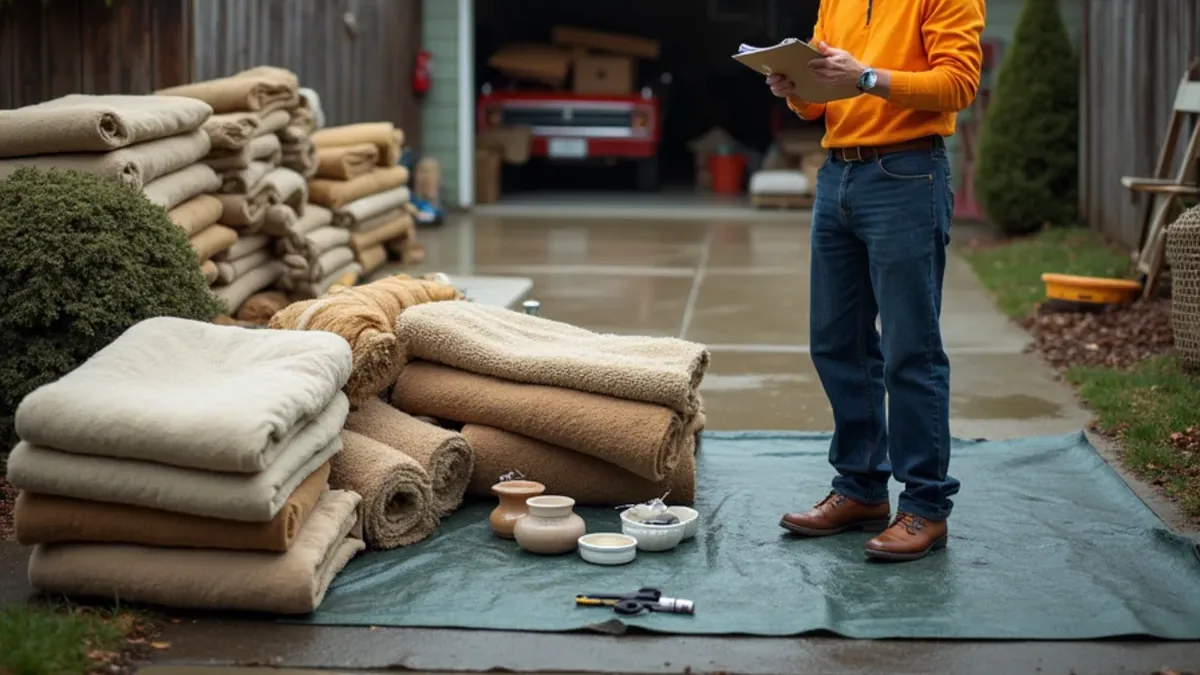 Flood-damaged carpet and contents sorted and inventoried outside a Lafayette CA home