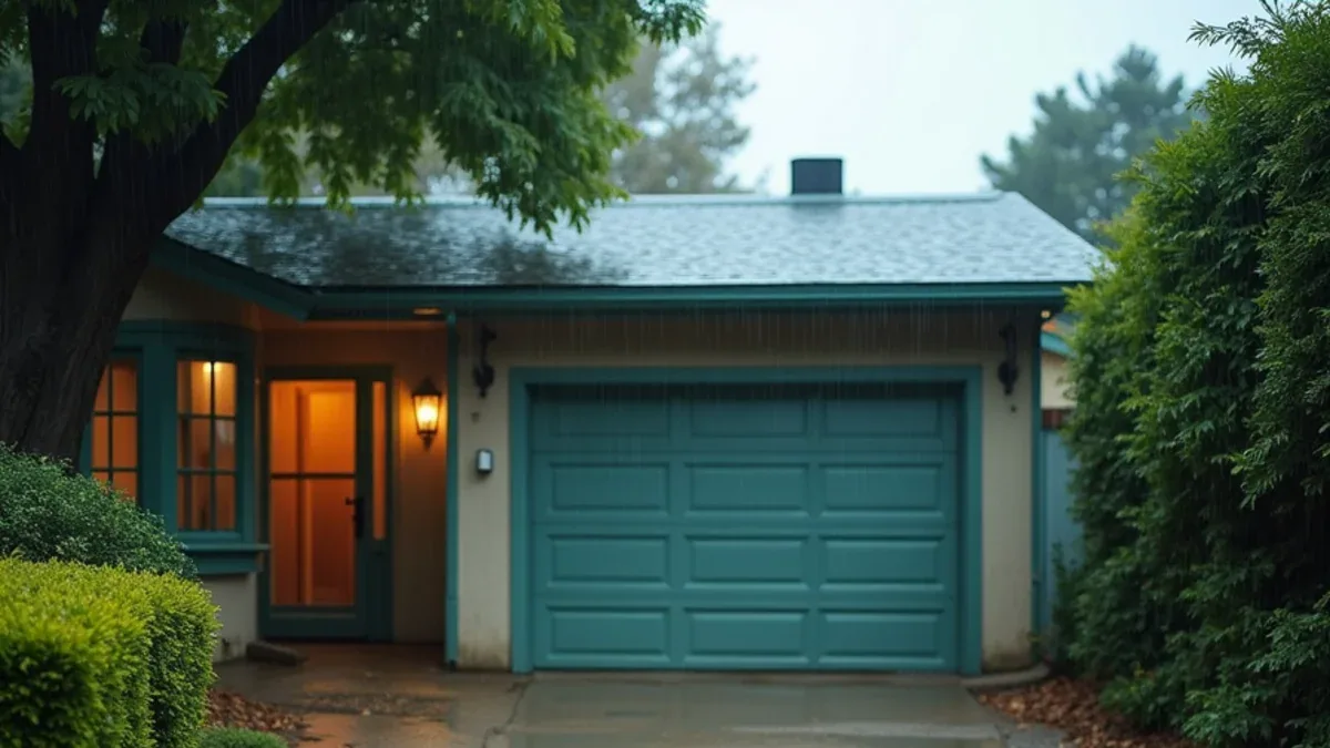 Storm runoff pooling against the garage door of a Contra Costa County home during heavy rain
