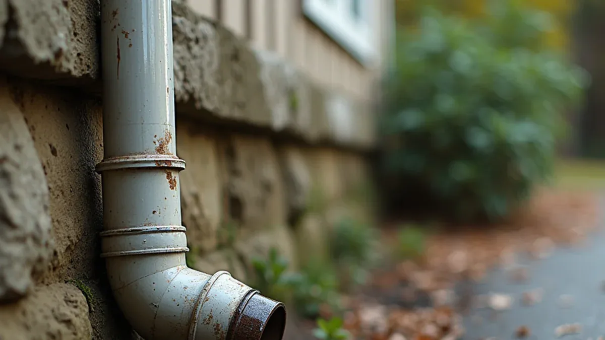 Downspout discharging into a buried drain line beside the foundation of a Lamorinda hillside home