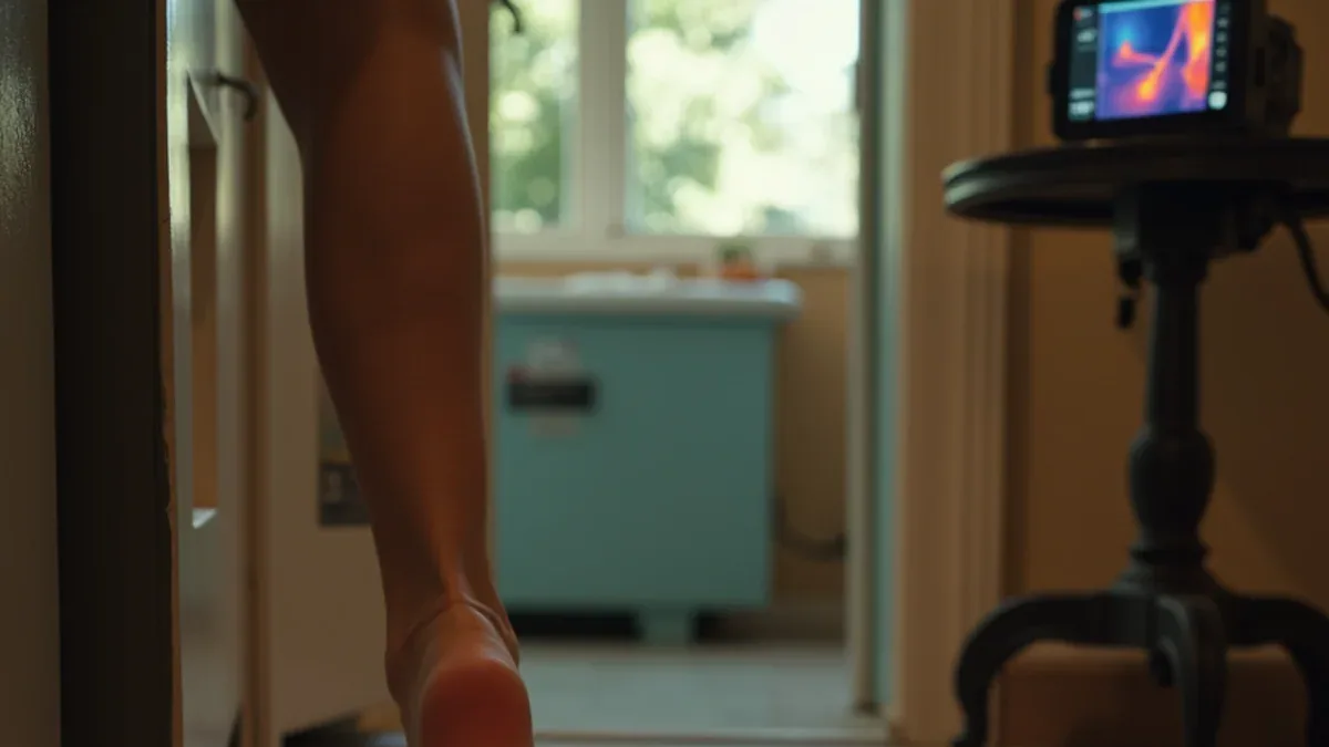 Bare foot detecting a warm patch on a tile floor indicating a hot water slab leak