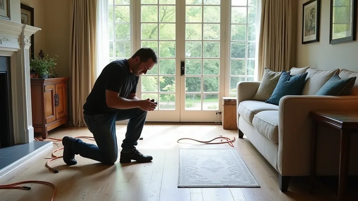 Specialty drying mats protecting original wide-plank hardwood in a high-value Lafayette CA home