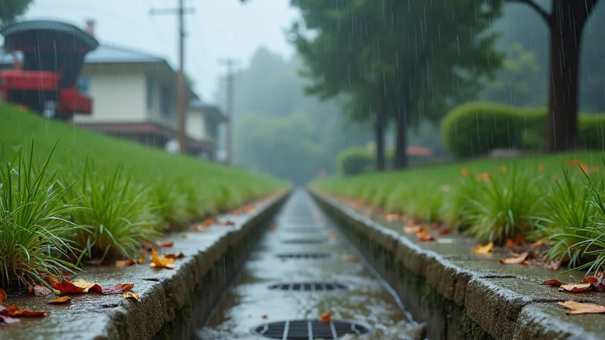 Water running through a hillside swale and area drain above a Lafayette CA home during rain