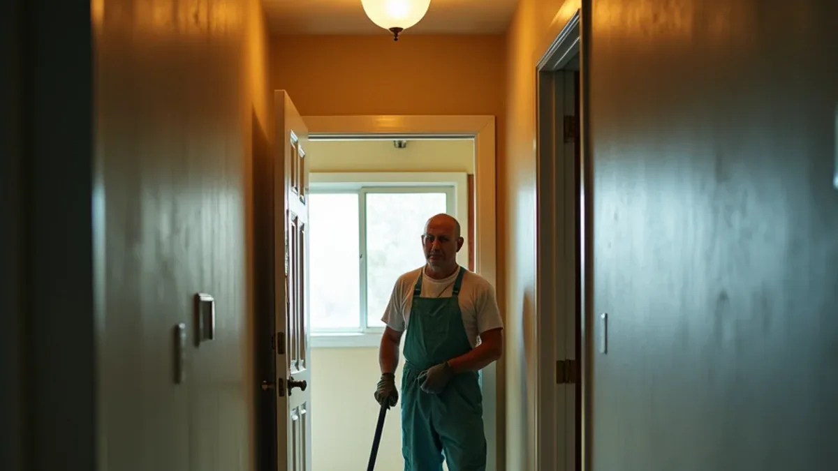 Restoration crew working in an attached condo unit with containment protecting the shared corridor
