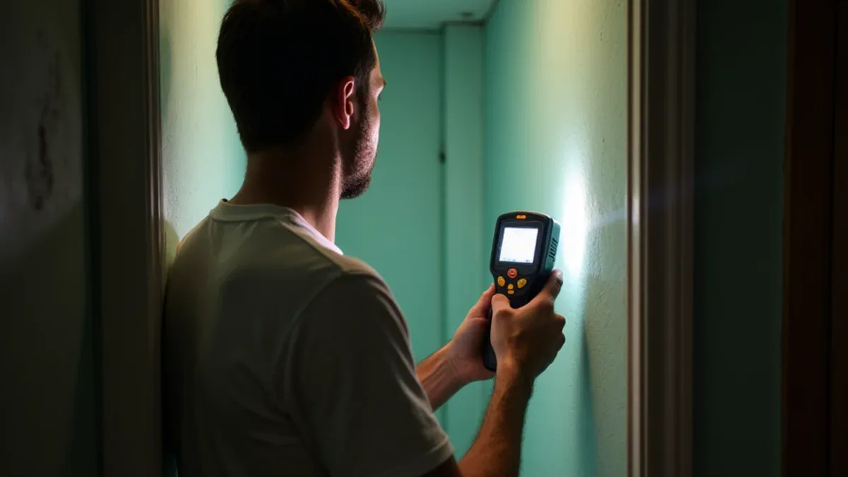 Technician using a moisture meter inside a closet to trace a musty smell in a Lafayette CA home