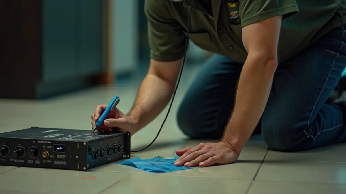 Technician using a ground microphone and headphones to pinpoint a slab leak on a tile floor