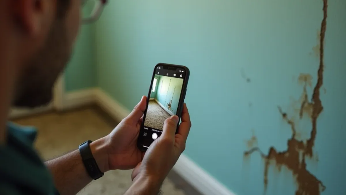 Homeowner photographing a water line on a wall with a phone before cleanup begins