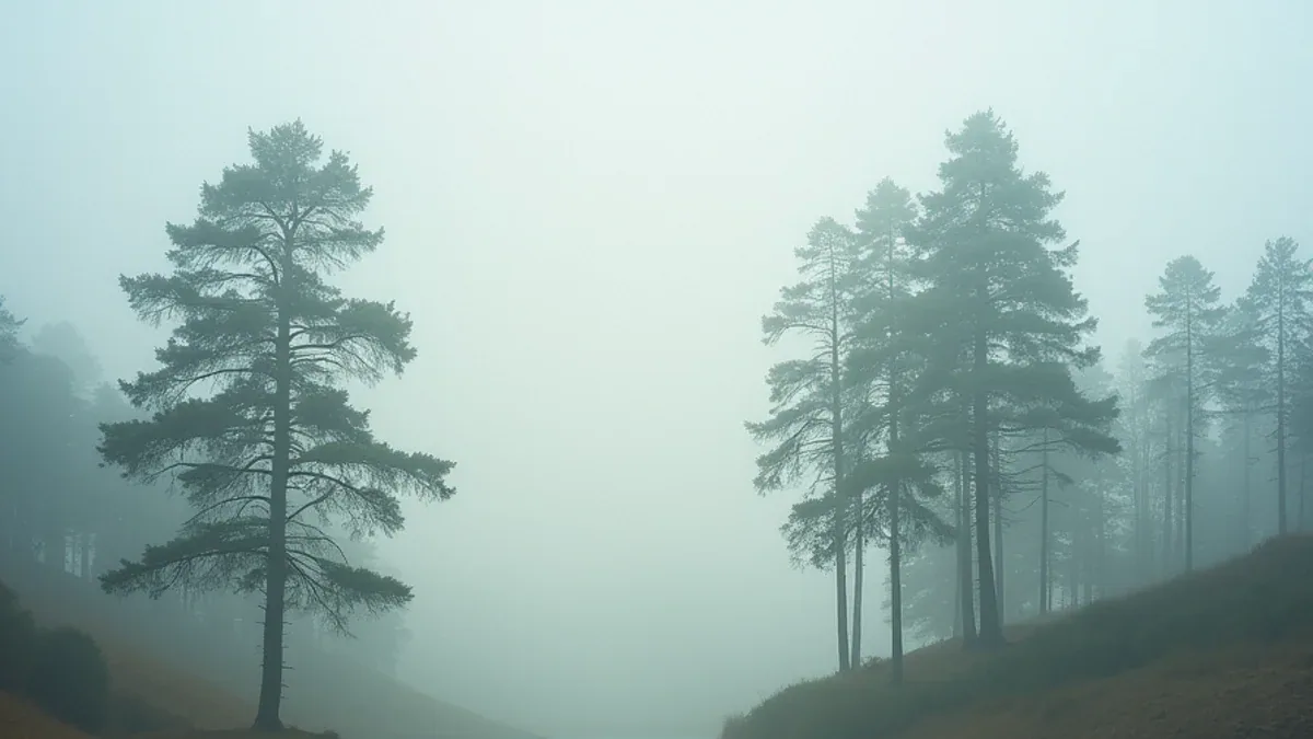 Monterey pines on the slopes above the Lafayette Reservoir in Lafayette CA on a misty morning