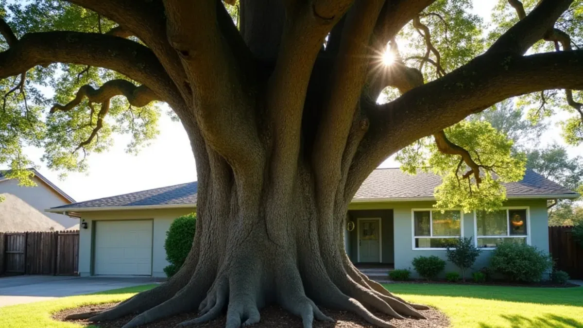 Mature coast live oak over a lawn with a sewer cleanout visible in the foreground in Lafayette CA