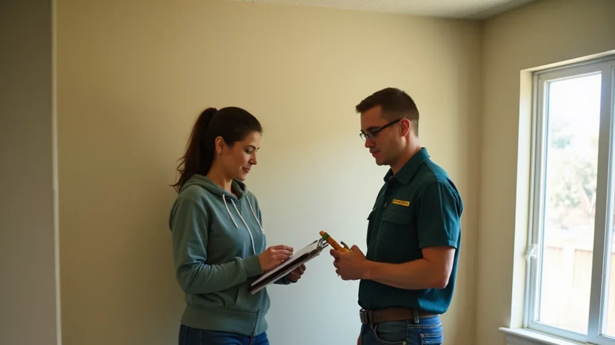Property manager documenting water damage in a rental unit with a restoration technician