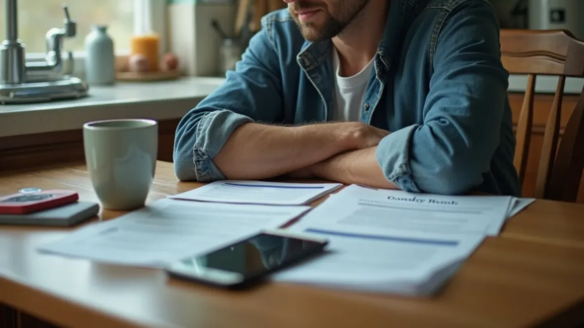 Homeowner at a kitchen table comparing a repair estimate against an insurance policy declarations page
