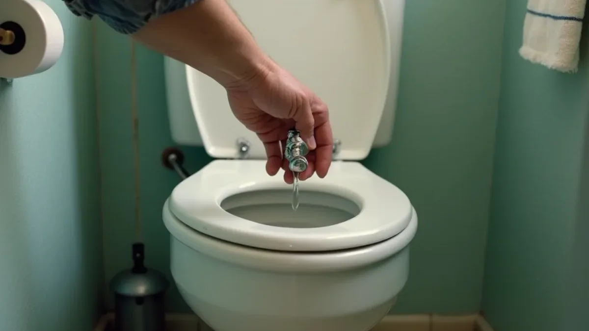 Hand reaching behind a toilet to close the angle stop supply valve during an overflow