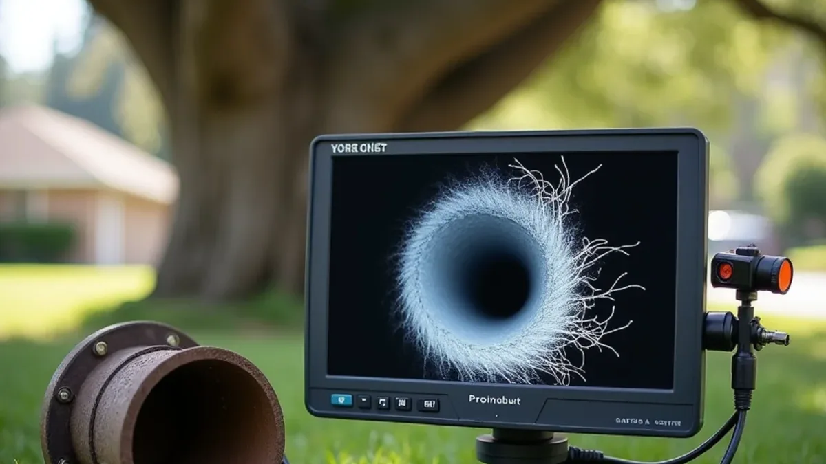 Sewer camera monitor showing root intrusion inside a clay lateral pipe at a Lafayette CA property