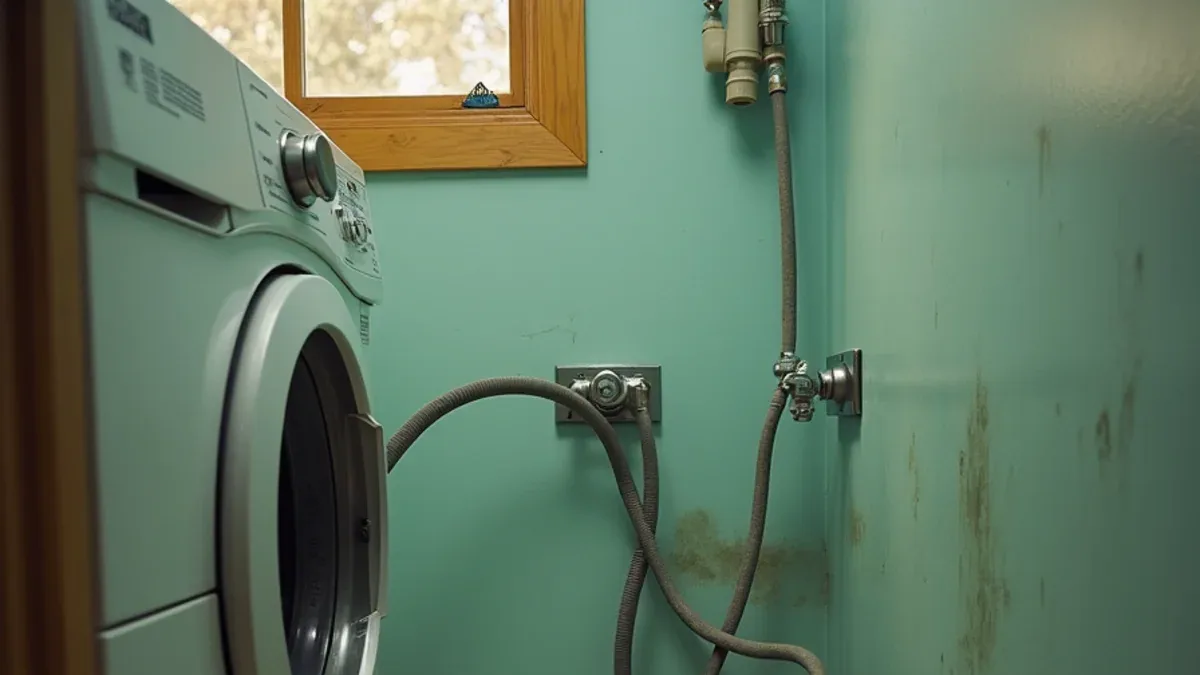 Burst rubber washing machine supply hose behind a washer in a flooded Lafayette CA laundry room