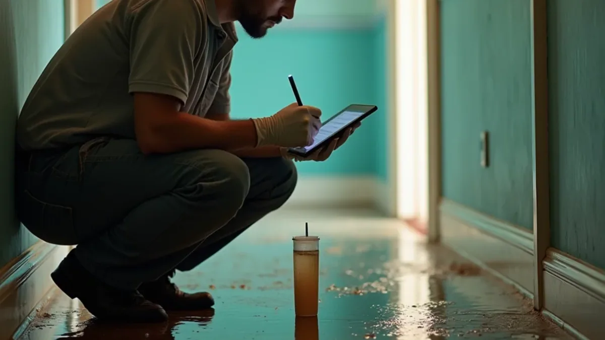 Technician assessing water category and taking notes at a water damage loss in a Lafayette CA home