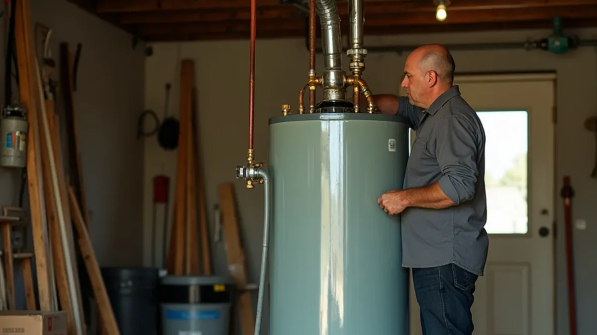 Hand closing the cold inlet valve on a leaking water heater in a flooded Lafayette CA garage