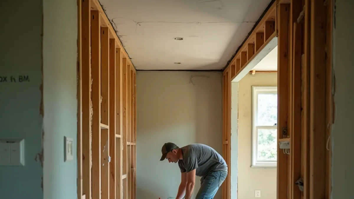 Clean flood cut in drywall exposing studs and insulation being dried in a Lafayette CA home