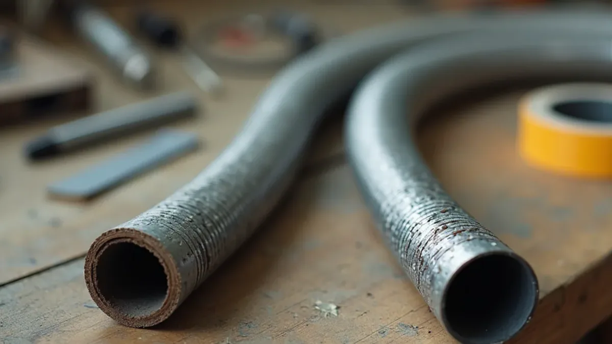 Old rubber washing machine hose beside a new stainless braided replacement