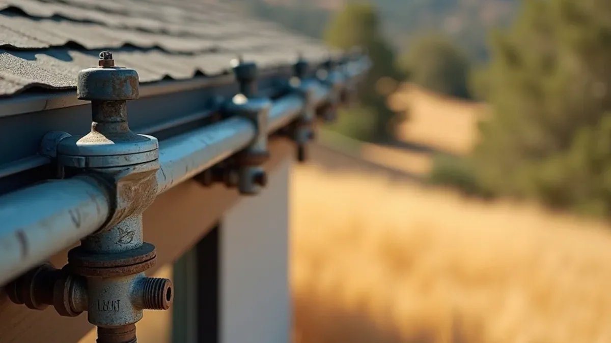 Roof-mounted defensible space sprinkler heads along the eaves of a ridge home in a Lafayette CA fire hazard zone