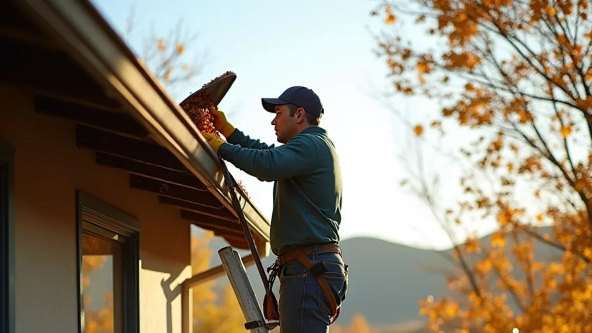 Homeowner clearing oak leaves from a gutter on a hillside East Bay home before the rainy season