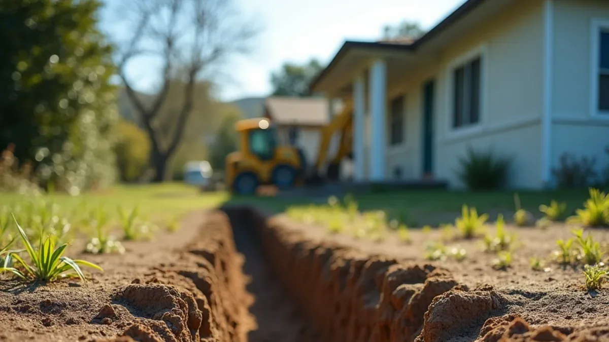Trench cut through dry expansive clay alongside a house foundation
