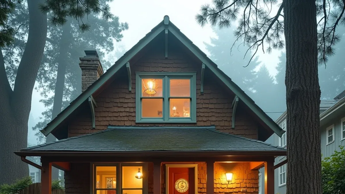 Brown-shingle Berkeley hills house at dusk under tall trees