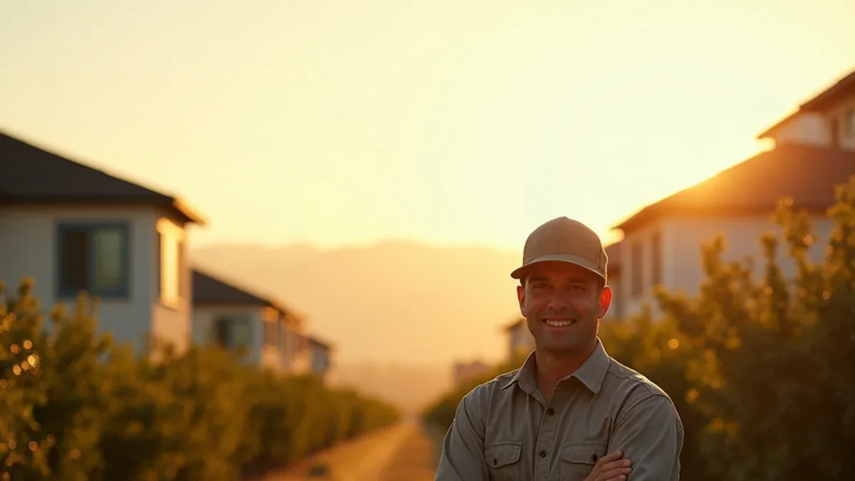 Technician on a farm track between orchard rows with newer Brentwood homes behind