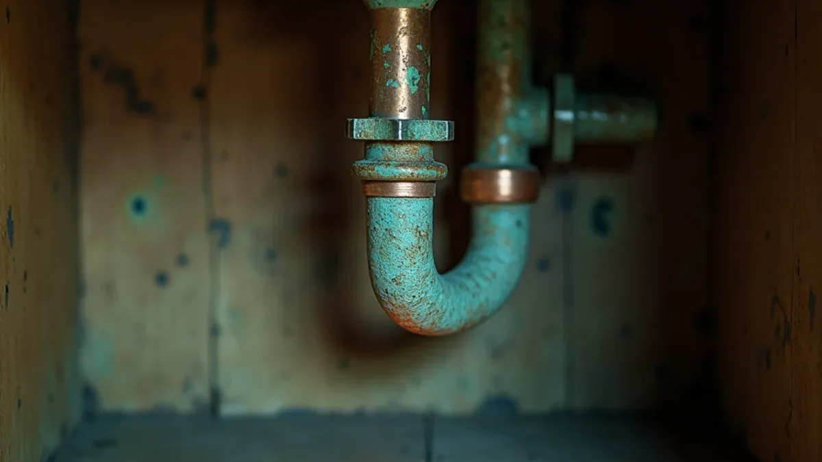 Exposed mid-century copper supply pipe with a pinhole weep stain under a sink