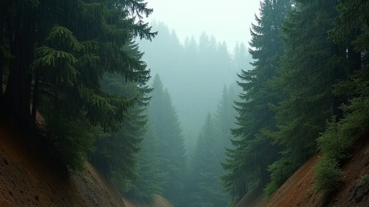 Narrow canyon road with steep wooded slopes rising on both sides after rain