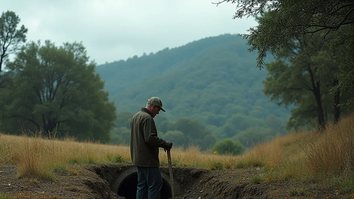 Worker standing in a shallow seasonal creek channel below Mount Diablo after a storm