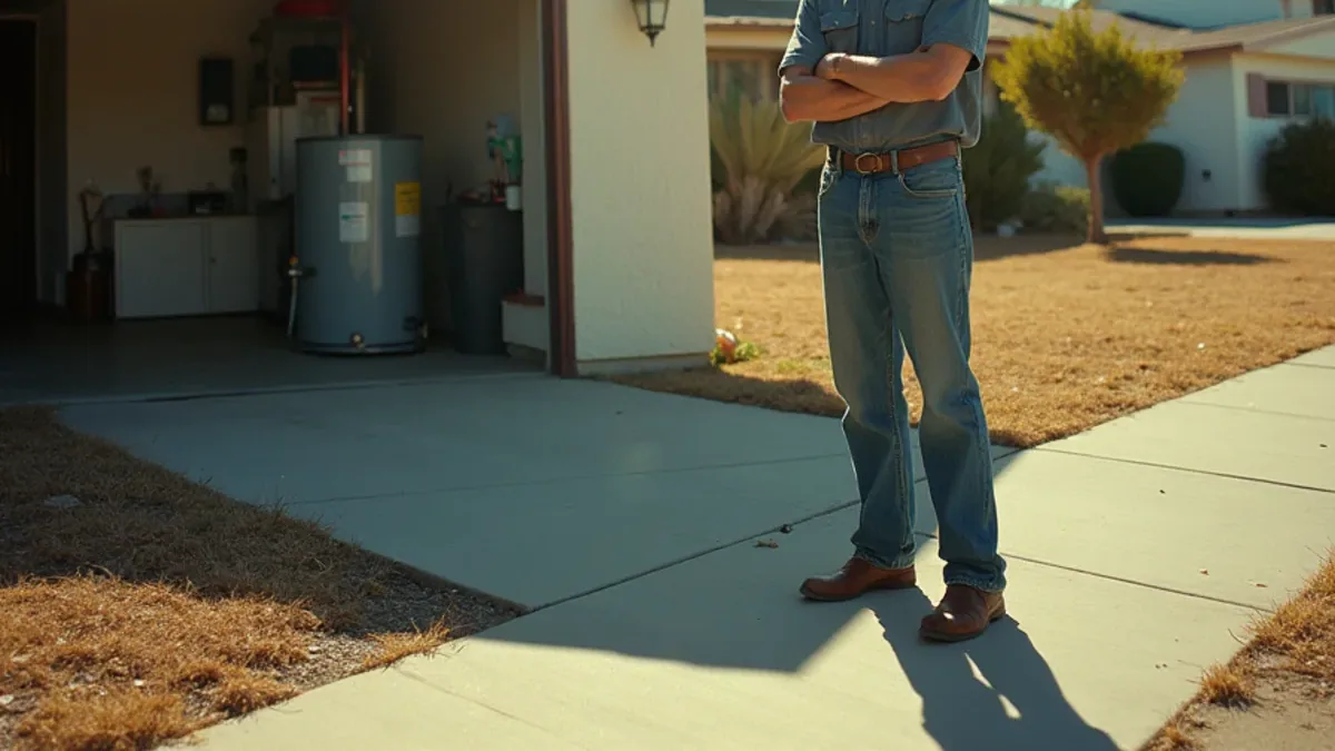 Technician outside a post-war Concord house with the garage open and the water heater visible inside
