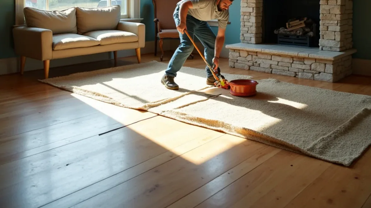 Technician working on the floor of a custom Danville living room with a stone fireplace